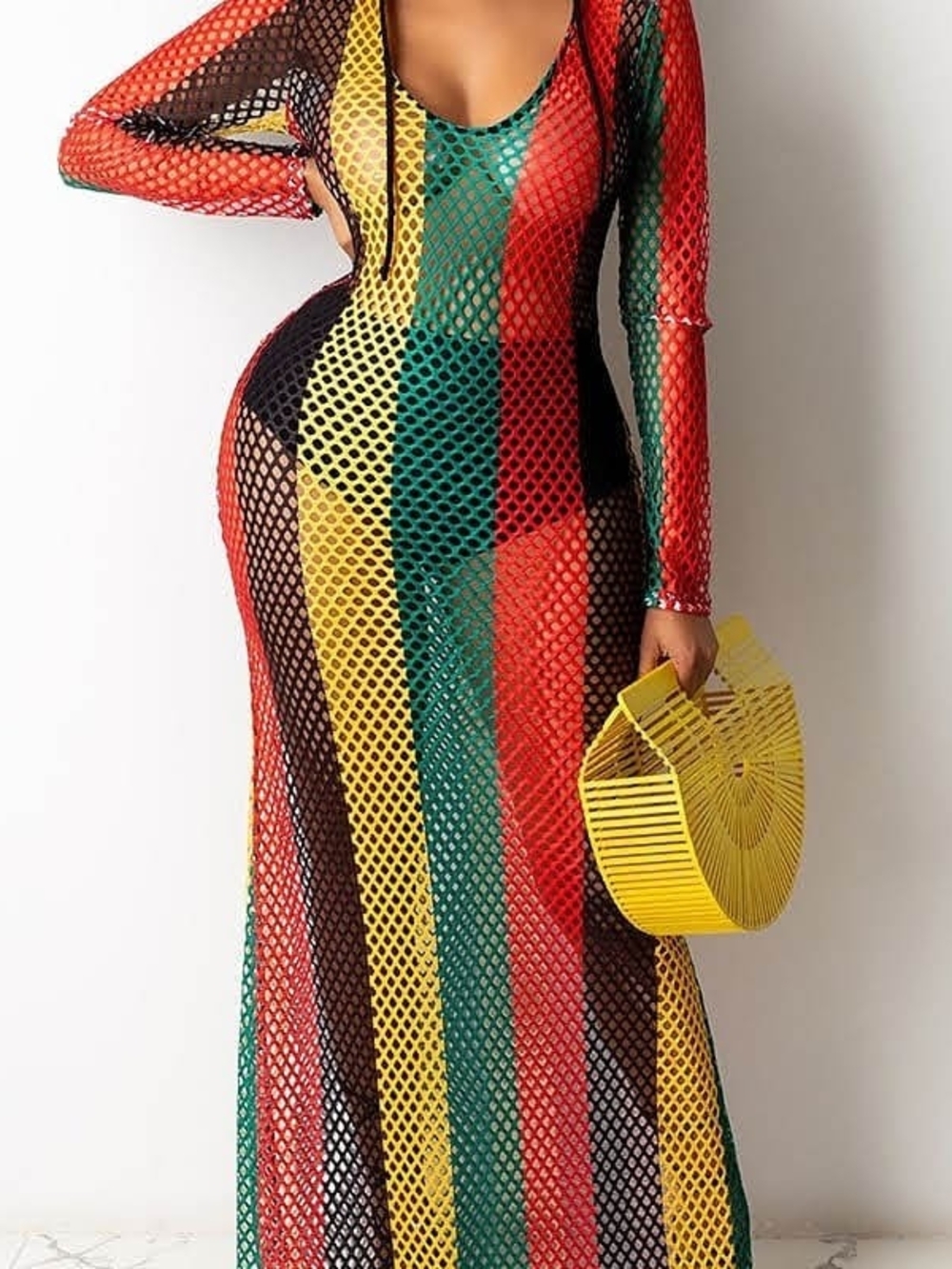 Multicolor Striped Mesh Maxi Dress / Swim Cover Up - Long Sleeve Sz Small